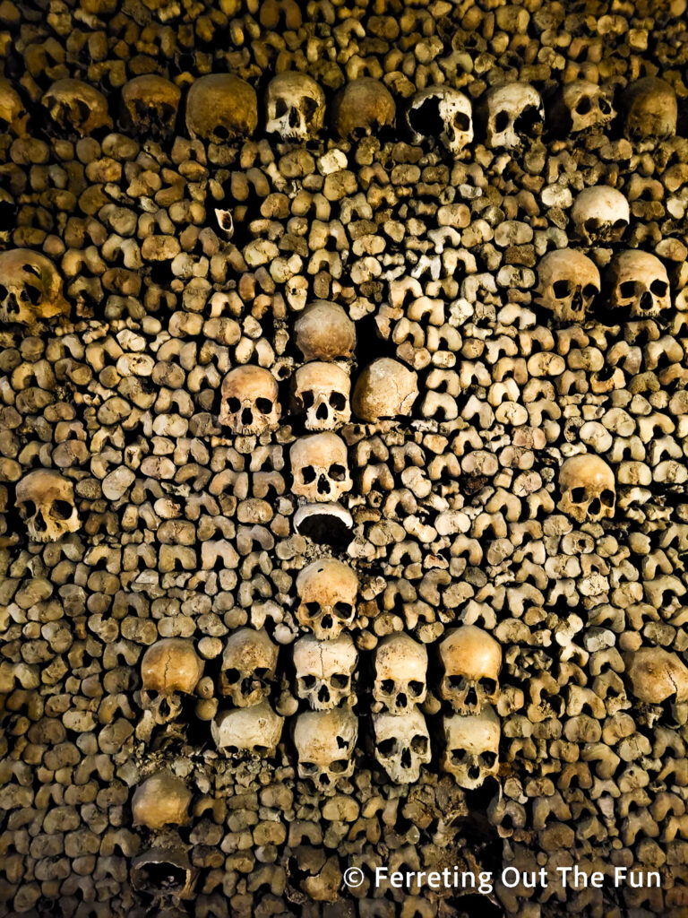 Skull stare out from a wall in the Catacombs of Paris