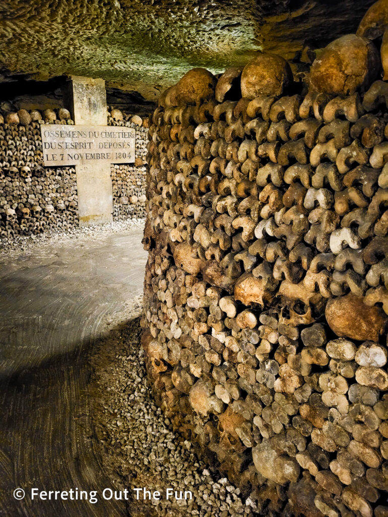 Walls of bones in the Paris Catacombs. This is one of the most unique attractions in Paris.