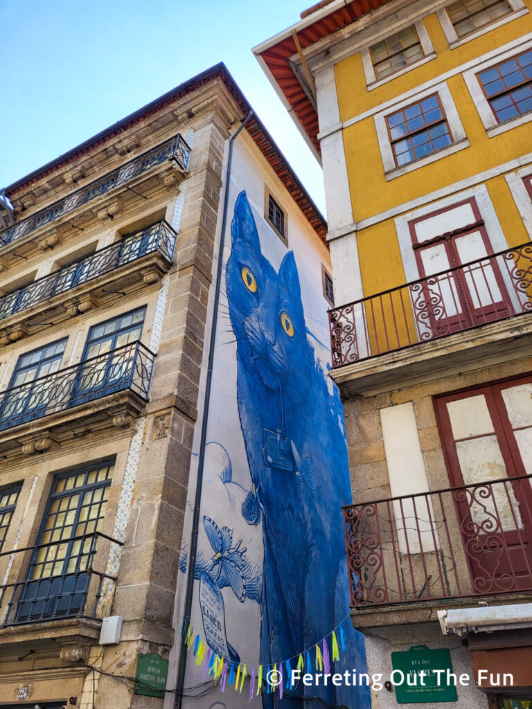 Blue cat street art peeking between buildings in Porto