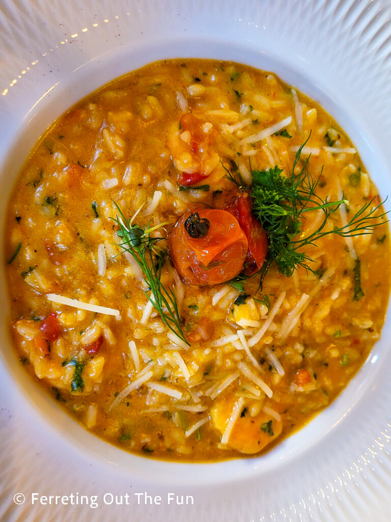 Tiger shrimp risotto in a creamy red pepper parmesan sauce