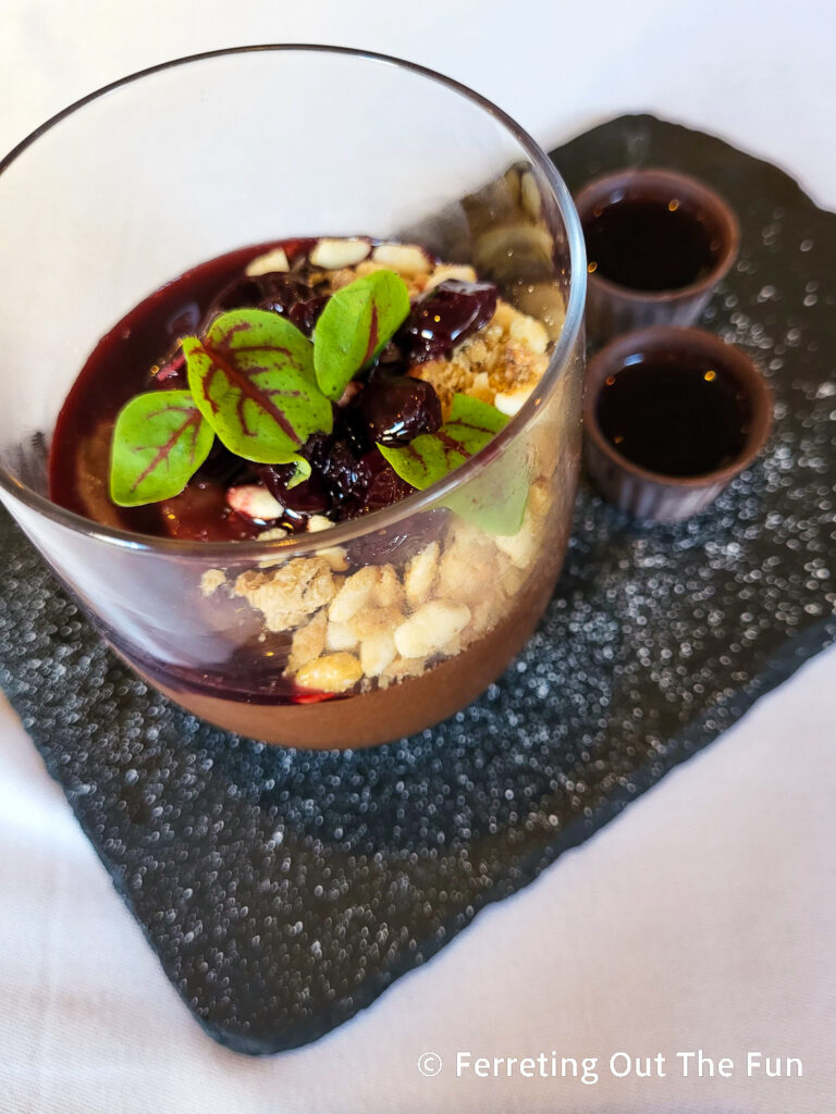 Cherry chocolate mousse with ginja in chocolate cups