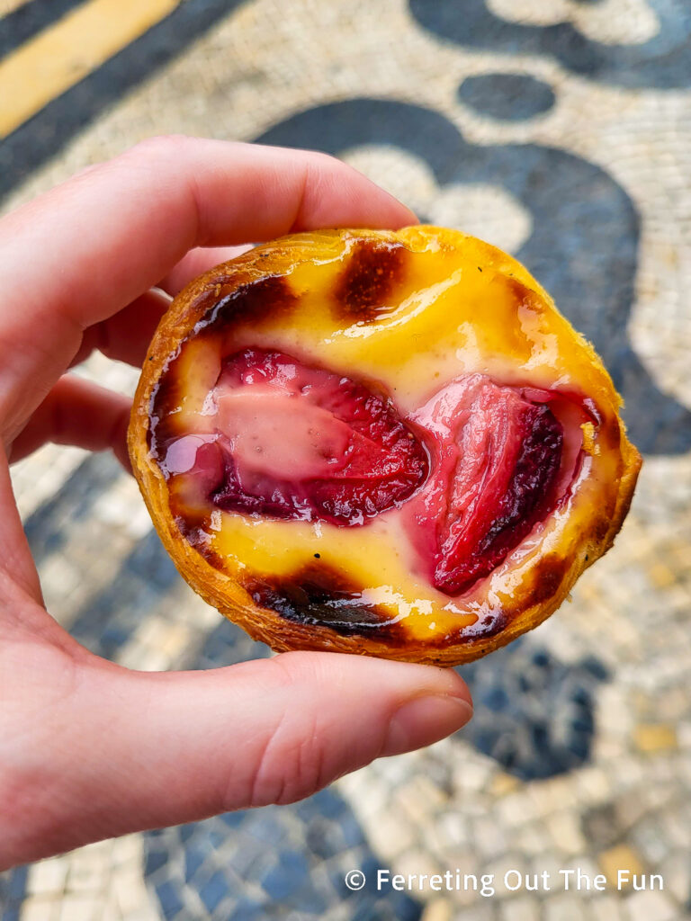 Fresh strawberry pastel de nata in Lisbon, a perfect summer treat