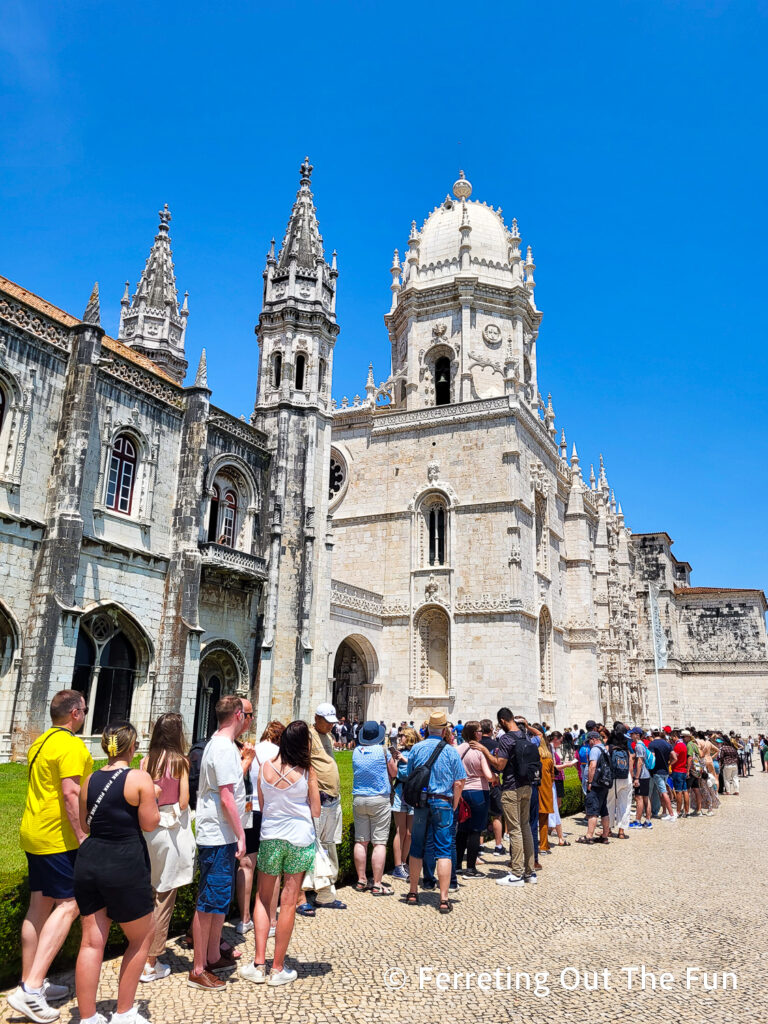 Waiting in line to enter Jeronimos Monastery in Belem, Lisbon, on a hot summer day. Winter is a much better time to visit.