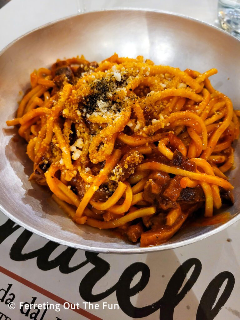 Tonnarello all'Amatriciana, one of the classic pasta dishes of Rome