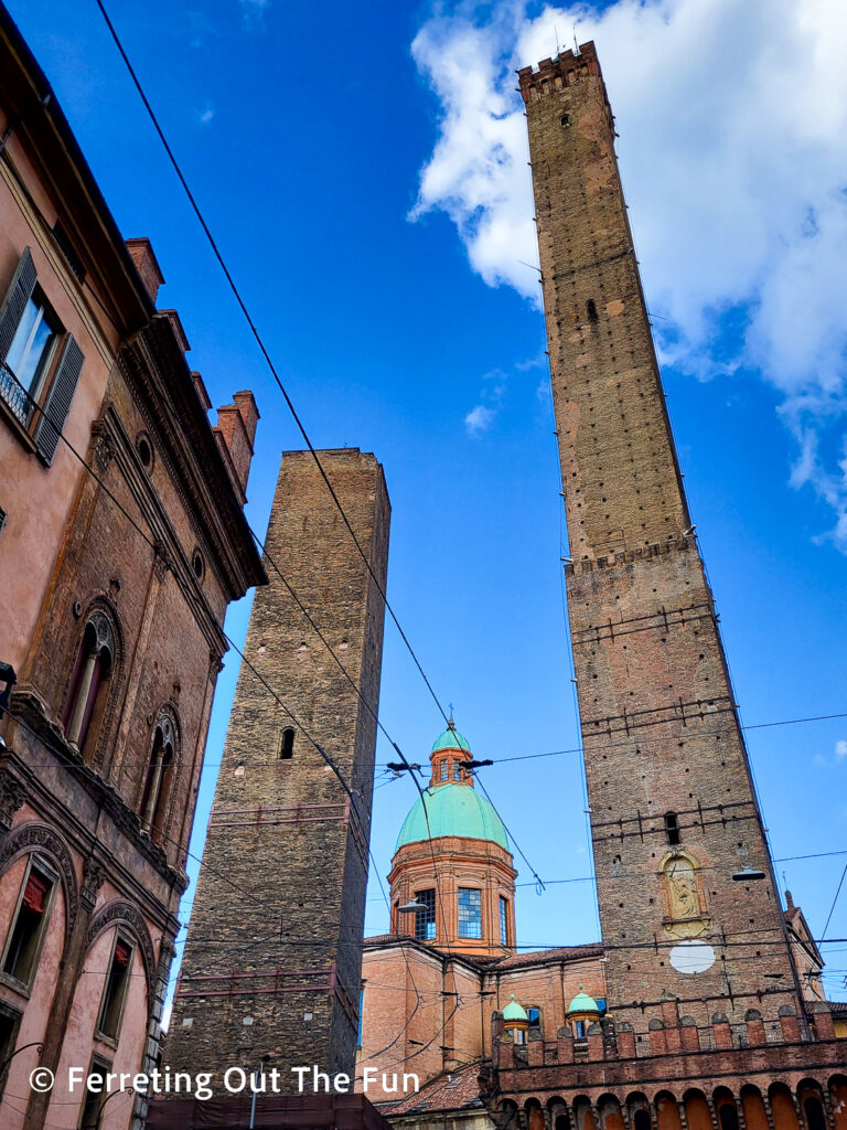 The Two Towers of Bologna, Italy. Garisenda Tower, the shorter one on the left, is leaning and no longer possible to climb.