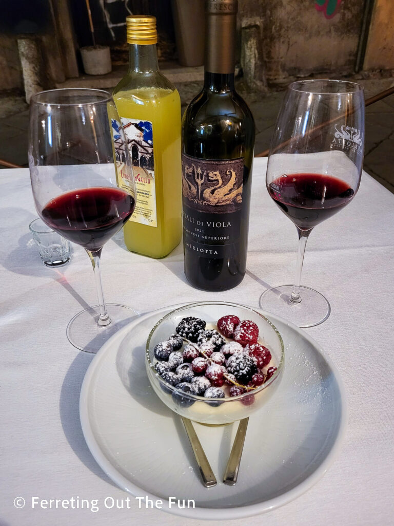 Fresh berry panna cotta and limoncello at tagliatelle al ragù in Bologna, Italy