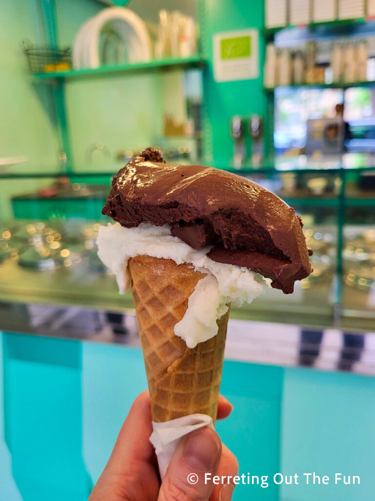 Two scoops at La Coccinella, the best gelato shop in Parma Italy