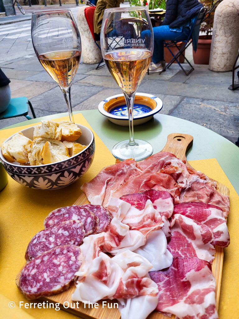 Italian salumi platter at Vineria Giramondo, a charming wine bar in Parma Italy