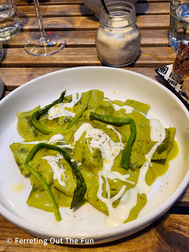 potato and leek raviolini with asparagus and goat cheese