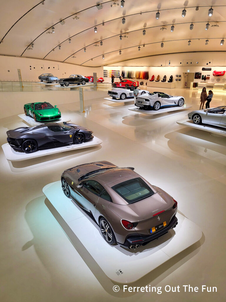 Ferrari supercars on display in the Enzo Ferrari Museum in Modena, Italy