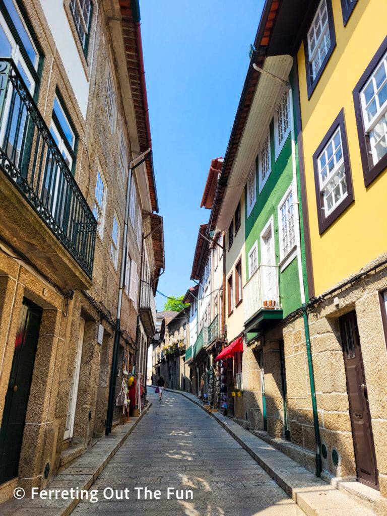 Colorful medieval alley in Guimaraes Portugal