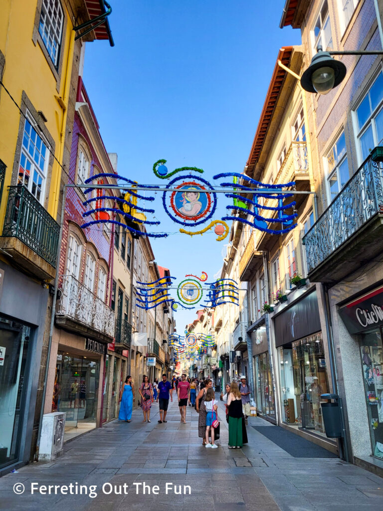 A colorful shopping street in Braga Portugal