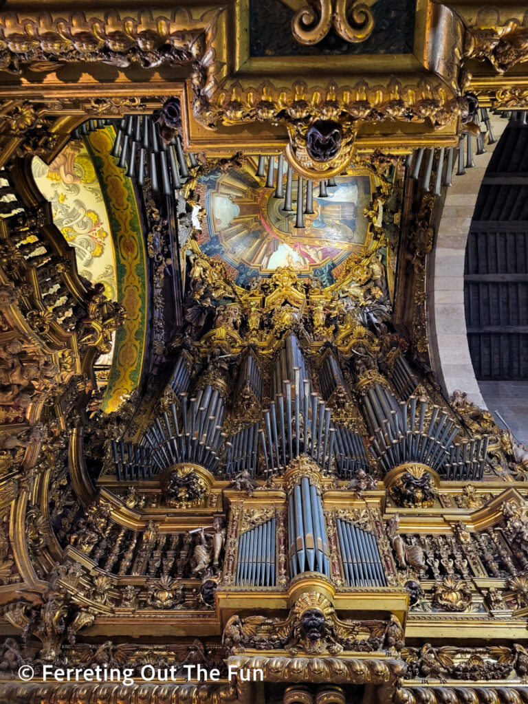 Elaborate gilt woodwork of the high choir and organ of Braga Cathedral in Portugal