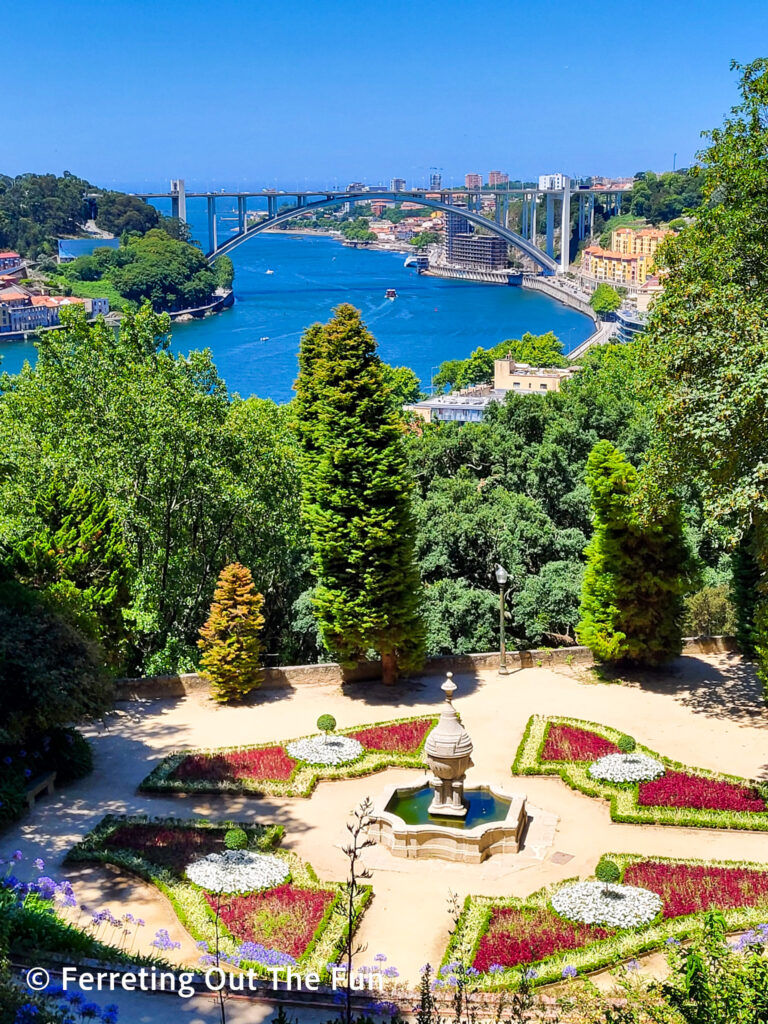 View of the Douro River and Atlantic Ocean from the Crystal Palace Gardens in Porto, Portugal