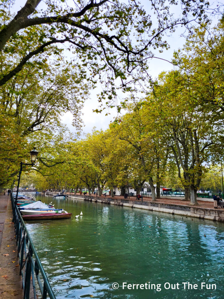 Golden autumn foliage frames a pretty canal in Annecy, France