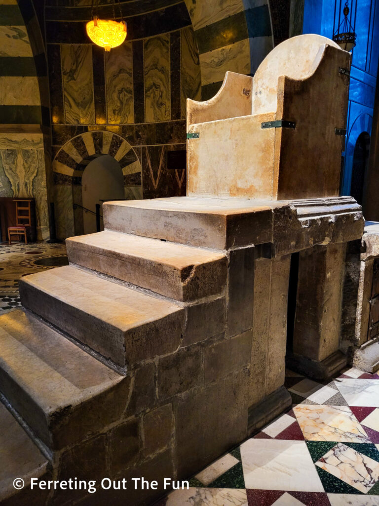 Charlemagne's marble throne was used for the coronation of many Holy Roman emperors. It sits in Aachen Cathedral in Germany.