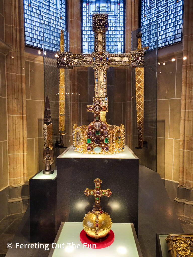 Replicas of the Holy Roman Empire's crown jewels on display in Aachen Town Hall