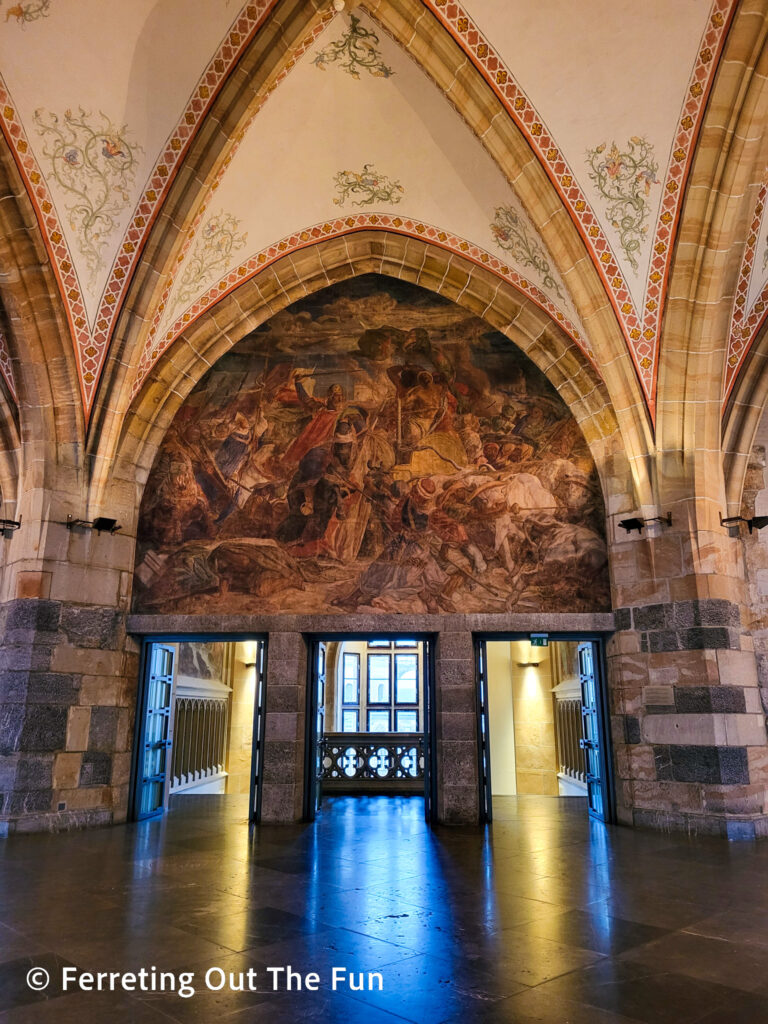 Mural of Charlemagne in battle inside Aachen Town Hall