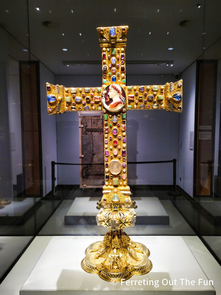 The Cross of Lothar is made of gold and covered in jewels, and is a masterpiece of the Aachen Cathedral Treasury