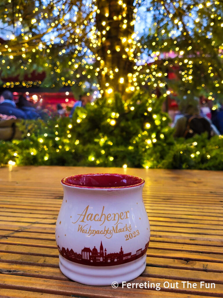 Mulled wine in a souvenir mug at the Aachen Christmas Market in Germany