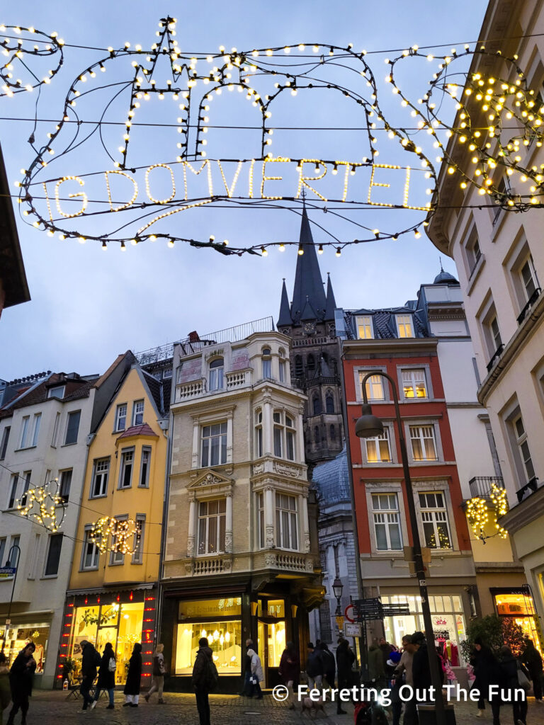 Twinkling lights on a charming street in Aachen, Germany