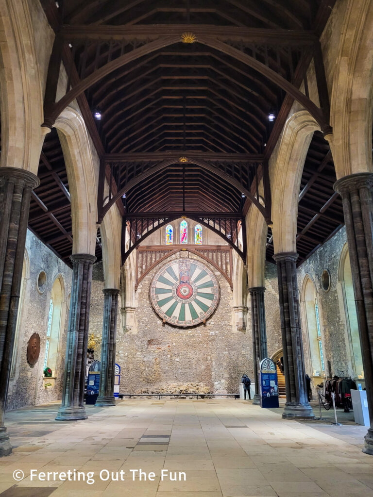 The Great Hall of Winchester Castle with King Arthur's Round Table hanging on the wall