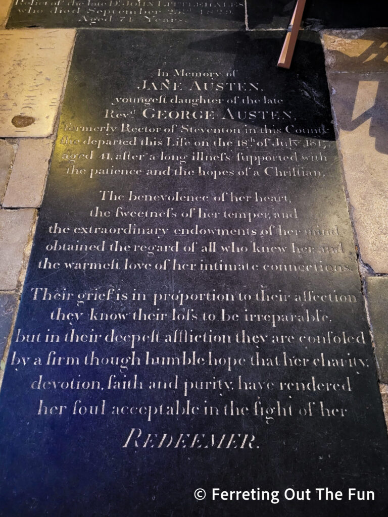 Jane Austen grave and memorial inside Winchester Cathedral