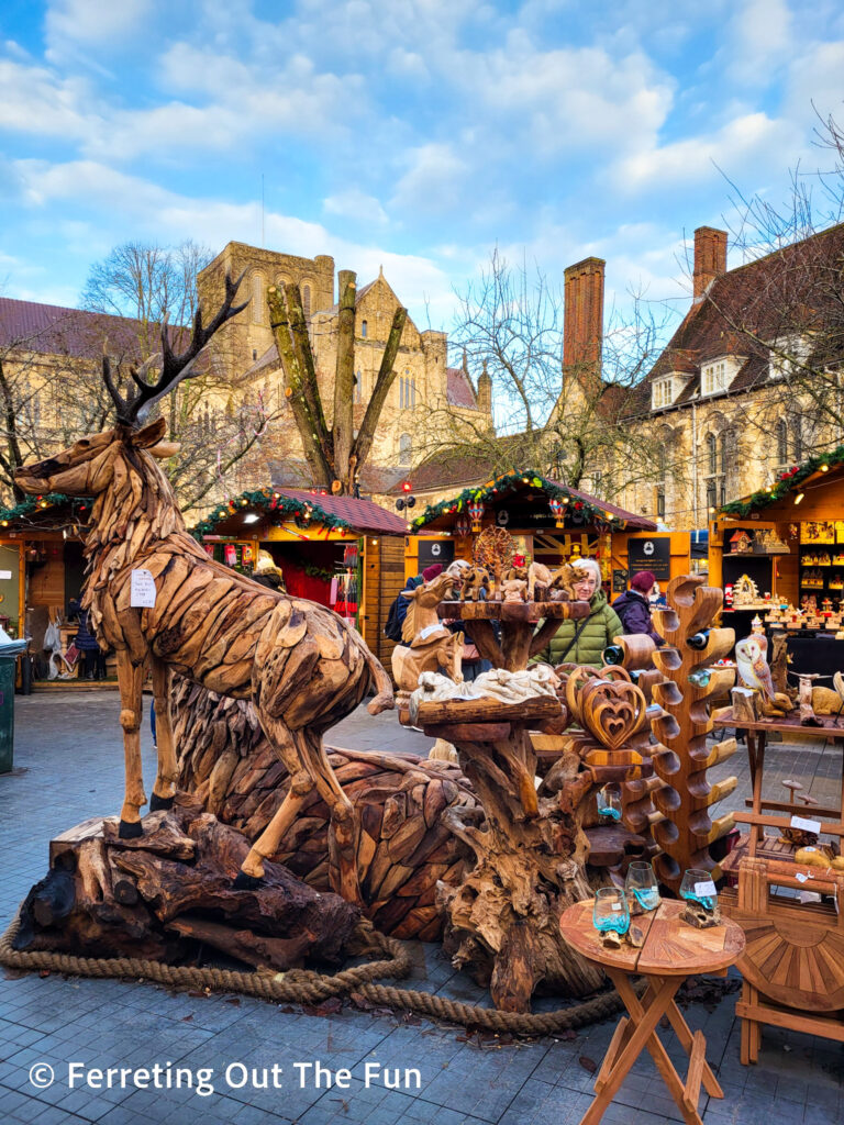 Elaborate woodwork for sale at the Winchester Christmas Market