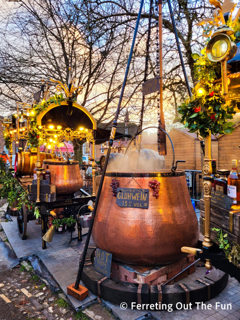 Copper cauldrons of mulled wine give Winchester Christmas Market a festive medieval vibe