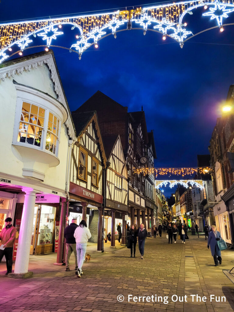 Christmas lights on the quaint streets of Winchester, UK