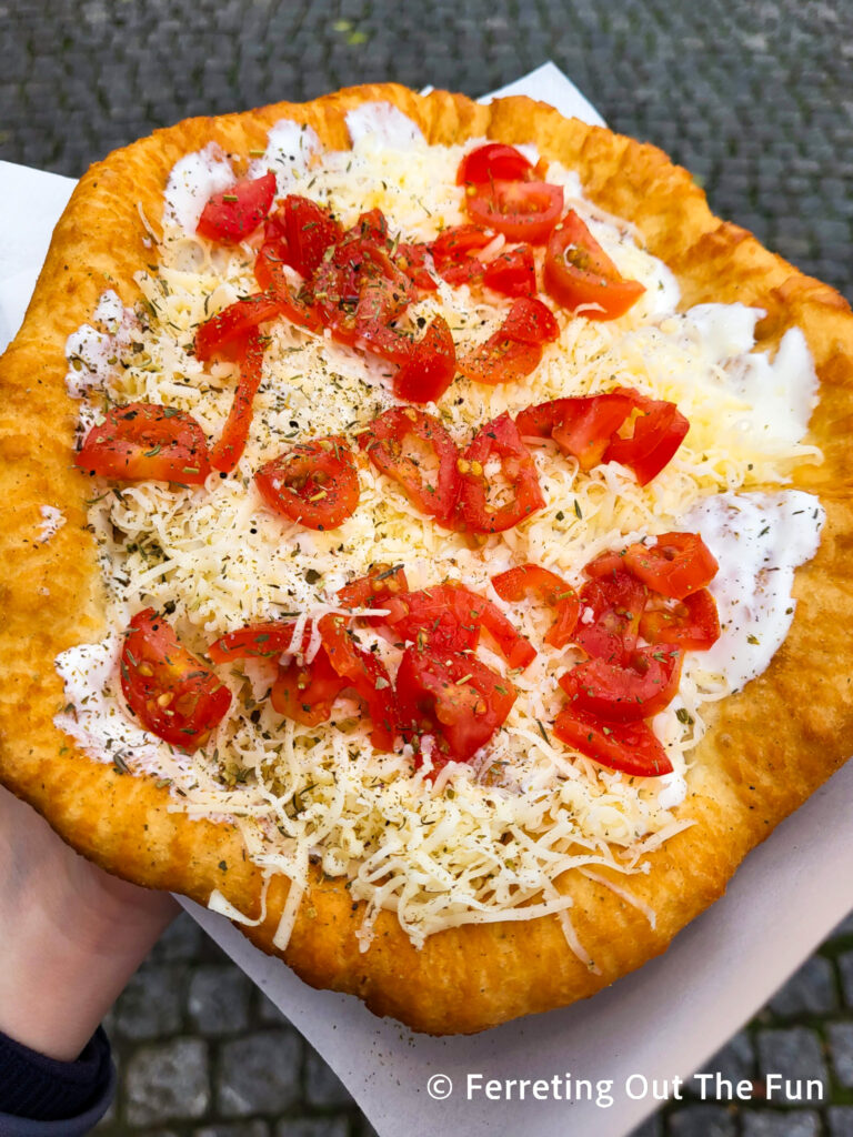 Herbed cheese and tomato langos, or Hungarian pizza, at the Dusseldorf Christmas Market