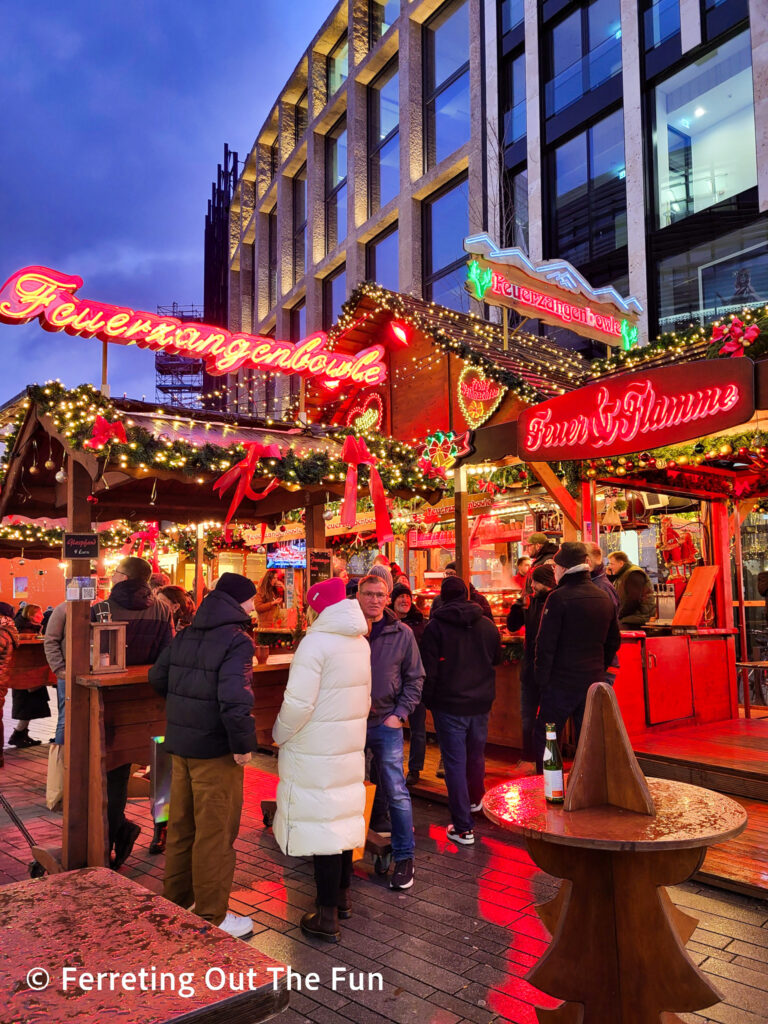 A festive beverage stand at Ko-Bogen Christmas market in Düsseldorf Germany