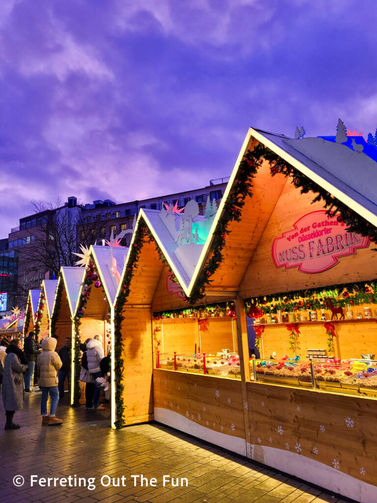 Sunset at Fairytale Market at Schadowplatz, one of the Düsseldorf Christmas markets